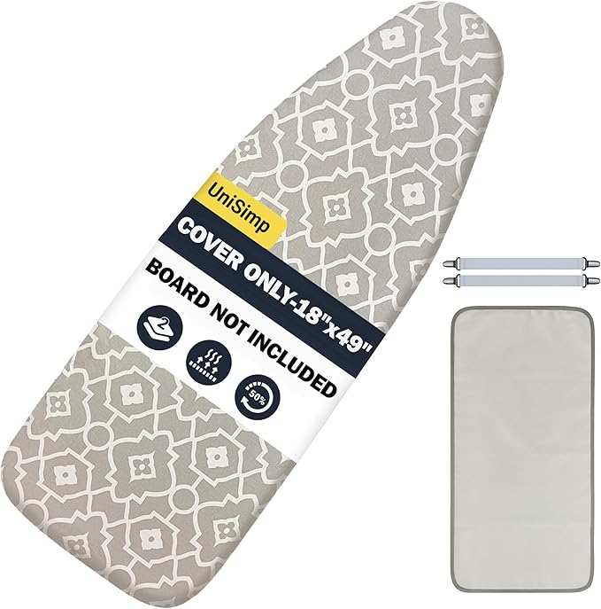 UniSimp Ironing Board Cover and Pad 18"x49" Extra Thick Natural Cotton, Scorch and Stain Resistant Iron Board Cover, Wide Ironing Board Cover with Fasteners Heavy Duty Heatproof Elastic Edge Geometric