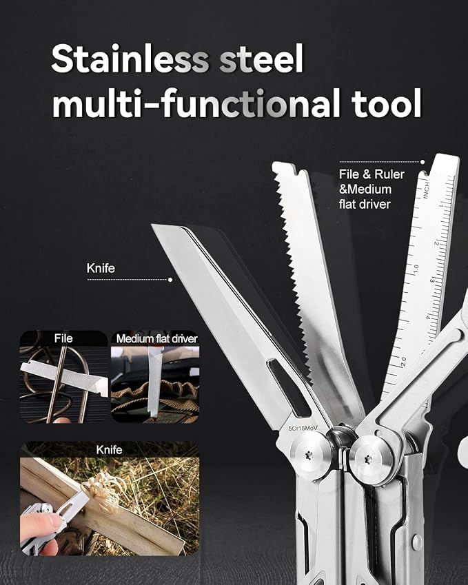 Strong 15-in-1 Multitool Pliers with Sheath, Stainless Steel, Grey | Folding Multi Tool, Needle Nose Pliers & Wire Cutters, Knife, Saw, Screwdrivers, Bottle Opener, EDC Pocket Knife