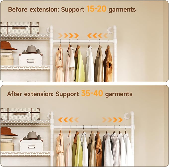 L2 Wall Mounted Closet System, Industrial Pipe Clothing Rack Clothes Racks with 2 Telescopic Rod & 6 Shelves, Heavy Duty Closet Organizers System in Wardrobe Closet, White