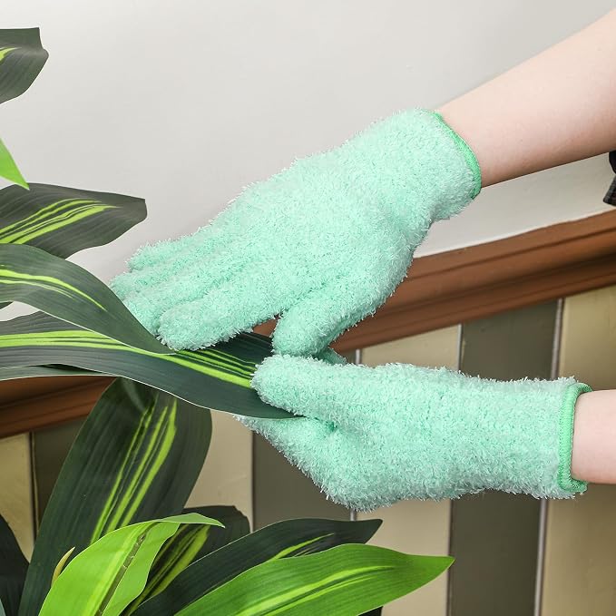 Patelai 3 Pairs Microfiber Plant Dusting Gloves Leaf Cleaning Gloves for Indoor Plants, Blinds, Furniture, House (Green Yellow,Water Blue,Pink,Large)