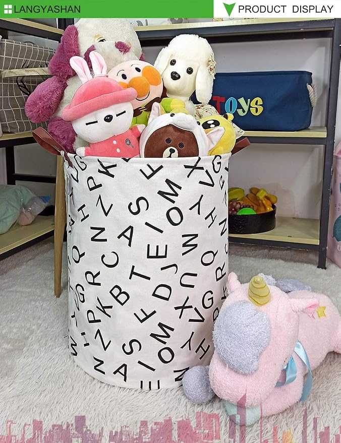 Round Laundry Basket Collapsible Storage Hamper Organizer Alphabet | Waterproof Canvas Foldable Baskets with sturdy Handles Multi-scene Organizer for Home Play Bedroom Gift Bin