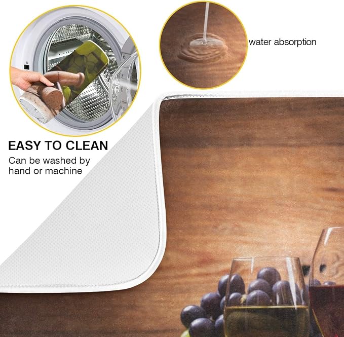 Red Wine Grape Floral Dish Drying Mat 18x24 for Kitchen Vintage Wooden Print Dishes Pad Dish Drainer Rack Mats Absorbent Fast Dry Elegant Kitchen Accessories