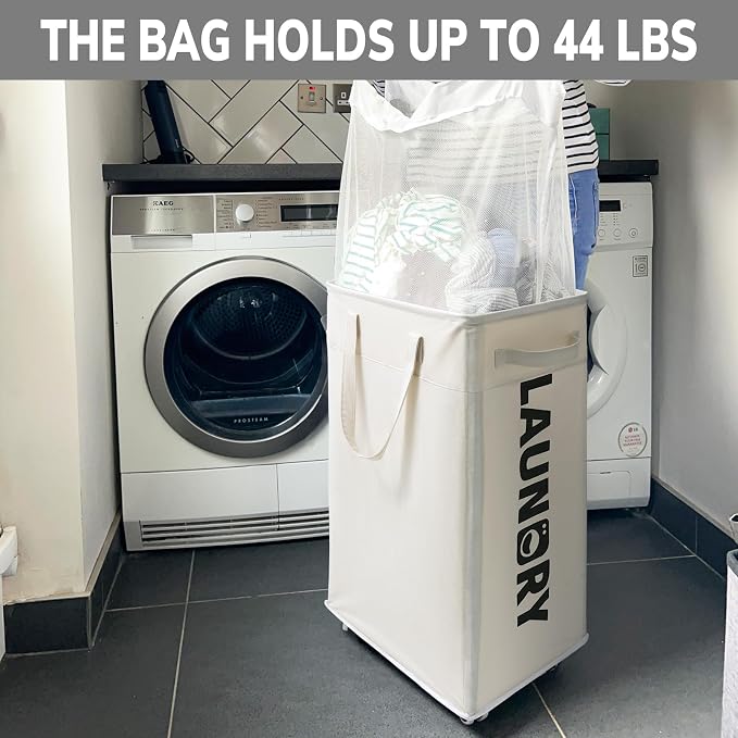 Goodpick 2-Pack Hamper with Wheels & Wash Bag, College Dorm Essentials,75L | Clothes Hamper with Removable Wash Bag for Laundry Room, Large Rolling Laundry Basket with Handles, White