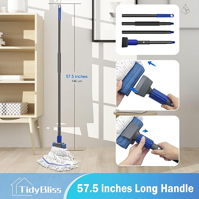 Commercial Mop Heavy Duty, 57.5 inches Long Handle Large Looped-End Industrial String Mop, Professional Dry Wet Cotton Mop for Cleaning Concrete Tile Hardwood Floor Shop Office Garage