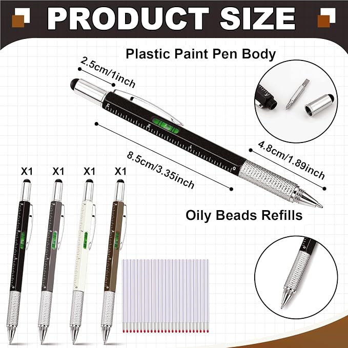 Zhanmai 4 Pcs 6 in 1 Multitool Pen Gift for Men Multi Tool Pen with Ruler Level Screwdriver Stylus Cool 10 Ink Refill Tool Gadget Birthday Christmas Stocking Stuffers (Black, Gray, Brown, White)