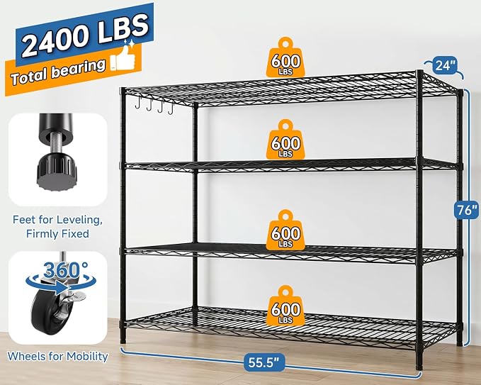 Heavy Duty Garage Shelving with Wheels: 55.5" W x 24" D x 81" H 4 Tier Wire Metal Storage Shelves, Adjustable NSF Commercial Shelf, Rolling Tote Rack Organizer for Pantry, Warehouse, 3PCS
