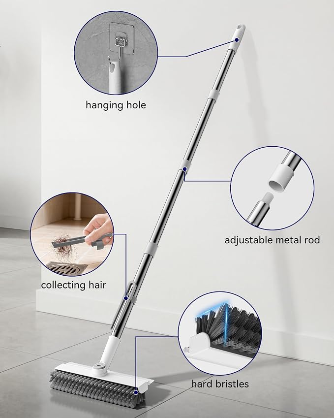 Small Floor Scrub Brush with Length Adjustable Long Handle, 3 in 1 Heavy-Duty Stiff Bristle Scrubber Brush with Squeegee and Tweezer Push Broom for Cleaning Bathroom, Patio, Garage and Kitchen