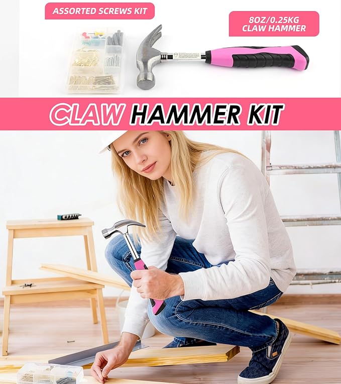 DOWELL 140PCS Pink Tool Kit for Women - Household Essential Tool Set with 14” Storage Bag