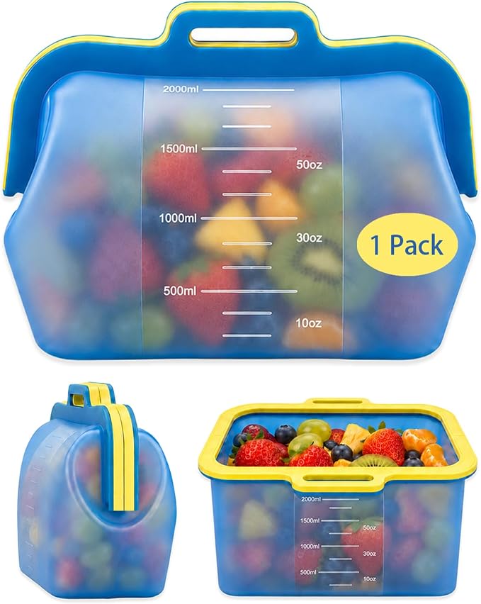 Magnetic Fast Seal Reusable Storage Bags, NUZEAK Silicone Reusable Food Storage Bags, Stand Up Silicone Freezer Bags for Food, Fruit, Snack, Sandwich, Meal Prep, Dishwasher Safe, 68oz, 1 Pack