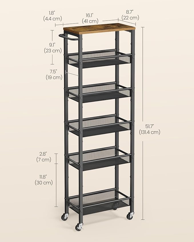 VASAGLE 6-Tier Slim Rolling Storage Cart, Narrow Kitchen Cart with Wheels, Utility Organizer, 17.9 x 8.7 x 51.7 Inch, for Bathroom Pantry, Rustic Brown and Matte Black, Dacey Collection ULRC039K101