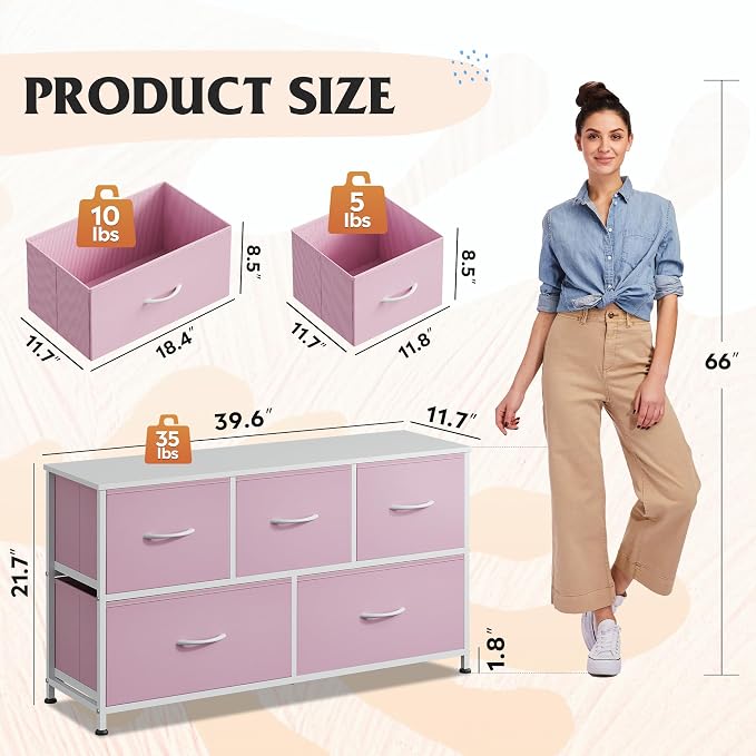 WLIVE Dresser for Bedroom with 5 Drawers, Wide Chest of Drawers, Fabric Dresser, Storage Organizer Unit with Fabric Bins for Closet, Living Room, Hallway,A-Pink