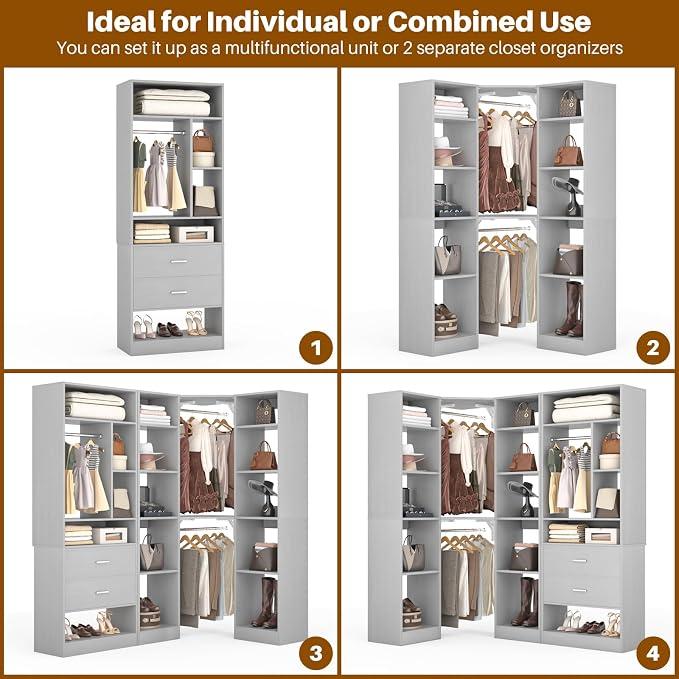 Besiost Corner Closet System with 2 Sets, 63.2" Corner Closet Organizer System with 2 Drawers + 18 Shelves + 3 Hanging Rods, Reversible L Shaped Walk-in Closets, Grey (63.2" L x 39.2" W x 80" H)