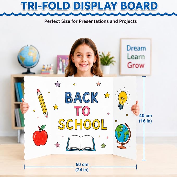 Mooliwe 4 Pack 24" x 16" Trifold Poster Board, Small Tri Fold Board Foldable Corrugated Presentation Display Scalloped Borders for Science Fair, School Classroom Project, Back to School Supplies