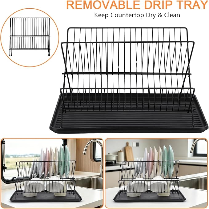 RV Foldable Dish Drying Rack, 2-Tier with Drip Tray, Stainless Steel Collapsible Rack for Sink & Kitchen Countertop, Space-Saving Dish Drainer Organizer for Dishes, Bowls, Plates, Cups