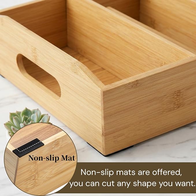Pumtus 2 Pack Bamboo Pantry Organizers, Storage Bin with Removable Dividers, Divided Snack Oragnizer with Handle, Stackable Cabinet Basket, Drawer Caddy for Kitchen Office Packets Sauce Pouches
