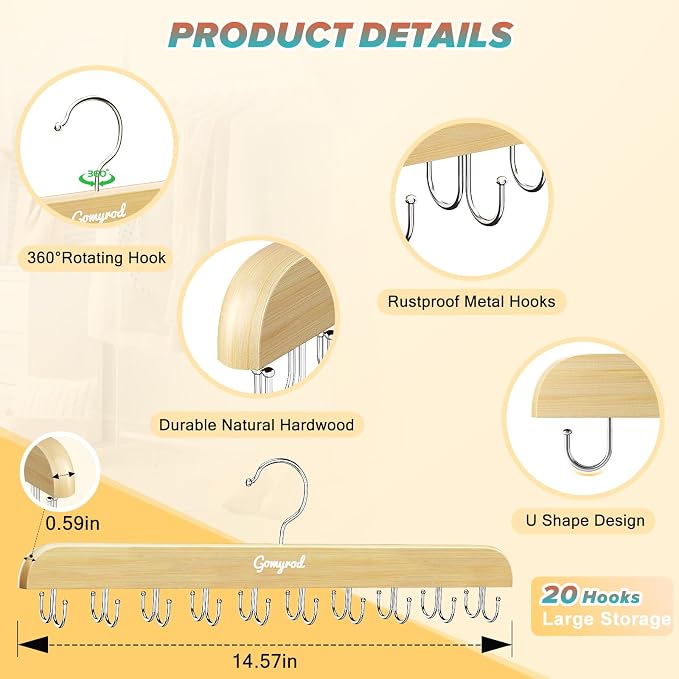 Gomyrod Tank Top Hanger, 2 Pack w/40 Hooks Bra Hanger for Closet Organizer | Premium Wood Space Saving Hanger, 360°Rotating Closet Organizers and Storage, Multi Hook Hanger for Dorm & Apartment