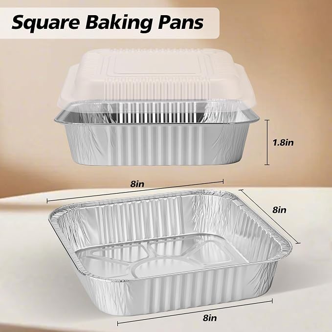 8x8 Aluminum Foil Pans with Clear Lids - 20 Pack Square Disposable Baking Cake Pans Tin Foil To Go Food Containers for Cooking, Heating, Storing, Meal Prepping