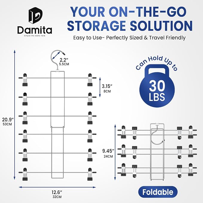 DAMITA Skirt Pants Hangers with Clips Space Saving Hanging Closet Organizer 6 Tiers Hanger with 360° Swivel Hook, Finger-Safe Design- College Dorm Room Apartment Essentials 4-Pack