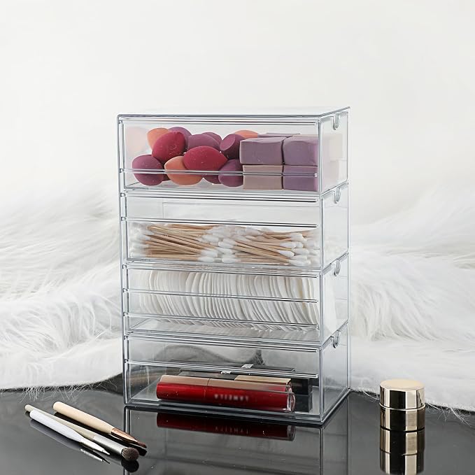 Hipiwe Plastic Drawer Organizer Clear Storage Box with 4 Pull Out Drawer | Hair Accessories Organizer Box Compact Desktop Holder for Cabinet Vanity Bathroom Pantry Office or Closet Organization