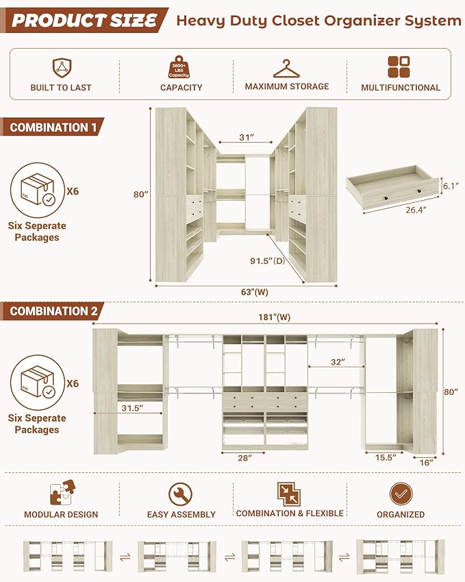 Besiost Closet System with 4 Drawers & Corner Tower, Closet Organizer System with 10 Hanging Robs, Reversible U Shaped Walk-in Closet System, Load 3600+LBS Capacity, Set of 4, Greige Oak