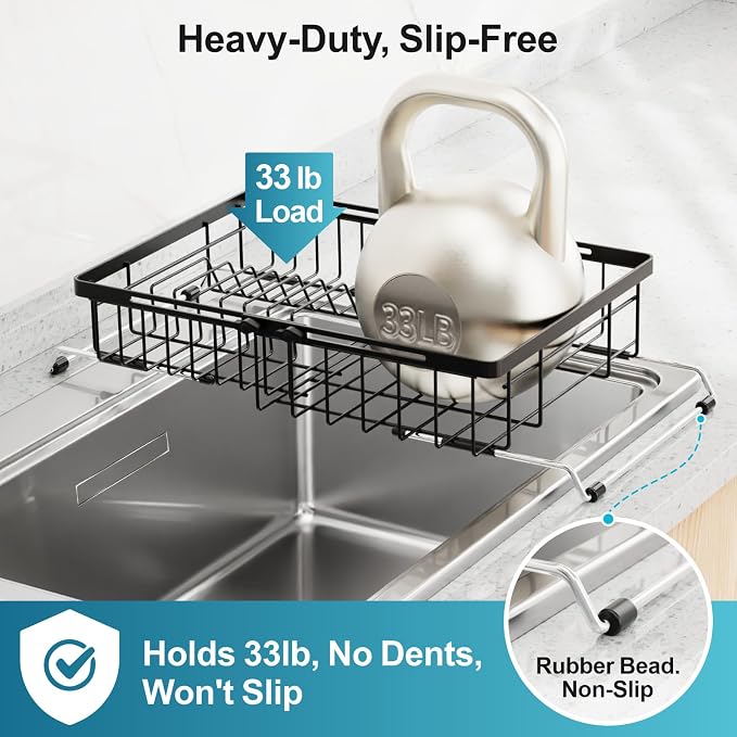 iSPECLE Over Sink Dish Drying Rack - Expandable Drainer for Kitchen, 12.7"W | Rust Resistant, Locking Knob Stability, for Small Kitchen, RV, Plates, Cups, Utensils, Black