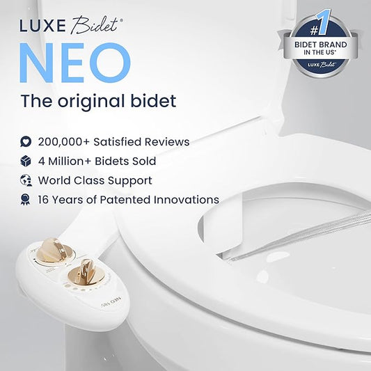 LUXE Bidet NEO 185 - Dual Nozzle, Self-Cleaning, Non-Electric Bidet Attachment for Toilet Seat, Adjustable Water Pressure, Rear & Feminine Wash (Gold)
