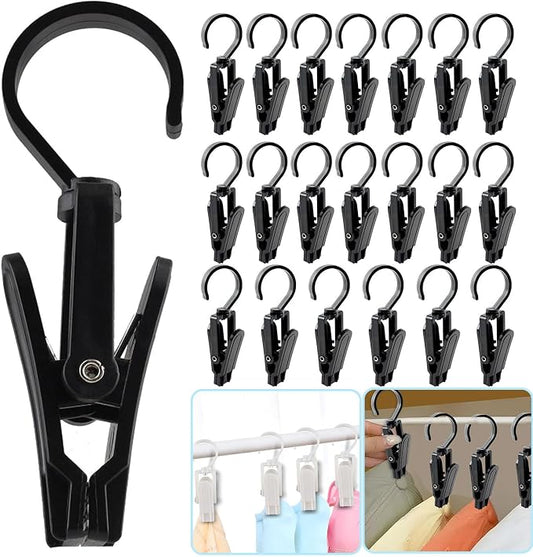 20 PCS Laundry Hooks with Clips Super Strong Plastic Home Travel Swivel Hanging Hanger Closet Organizer Clamps Socks Boot Bras Towels for Bathroom Wardrobe Kitchen Office - 4.3 Inches (Black)
