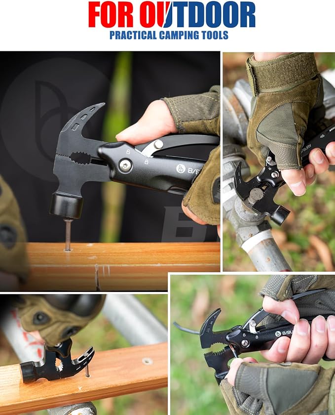 BIBURY Gifts for Men, 12 in 1 Hammer Multitool with 18 in 1 Snowflake Tool | Stocking Stuffers for Men, Camping Essentials Survival Tool, Safety Lock, Gifts for Him Dad Husband, Birthday Gifts for Men
