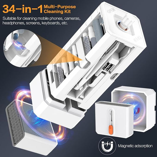 34-in-1 Multi-Purpose Cleaning Kit for Electronics Cell Phone USB C, White | Cleaning Kit for iphone Laptop Computer Monitor Lens Earbud, With Cleaning Putty, Microfiber Cloth, Compact Portable Design