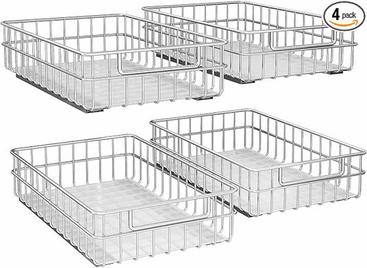 Pull out Cabinet Organizer, Stainless Steel 4-Pack (11.8"W x 21"D) Full-Extension Slide out Drawer, Adhesive Roll out Can Spice Storage Basket Shelf Rack for Pantry, Kitchen, Bathroom, Home Closet
