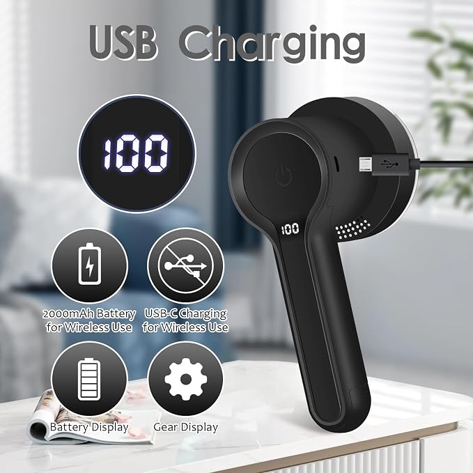 SuperLint 2-in-1 Rechargeable Fabric Shaver LED 3-Speed Lint Remover Black | Electrostatic Brush,2000mAh Battery,USB C Rechargeable,2-3H Long Runtime,auto-stop safety,6-Leaf Blade,2 replacement blades