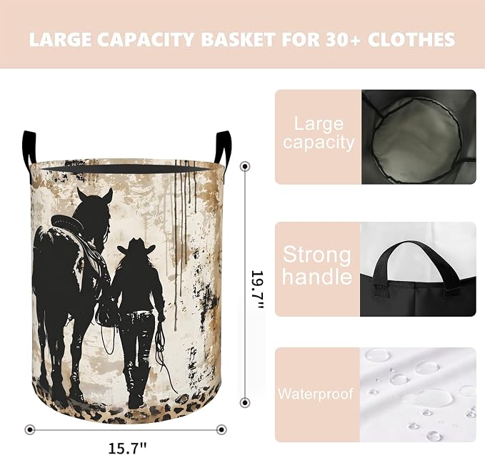 Western Cowgirl Horse Laundry Basket Hamper 19.7"x15.8", Organizer Bins Gifts for Kids Boys Girls, Country Farmhouse Foldable Waterproof Oxford Clothes Storage Bucket for Bedroom Bathroom Decor
