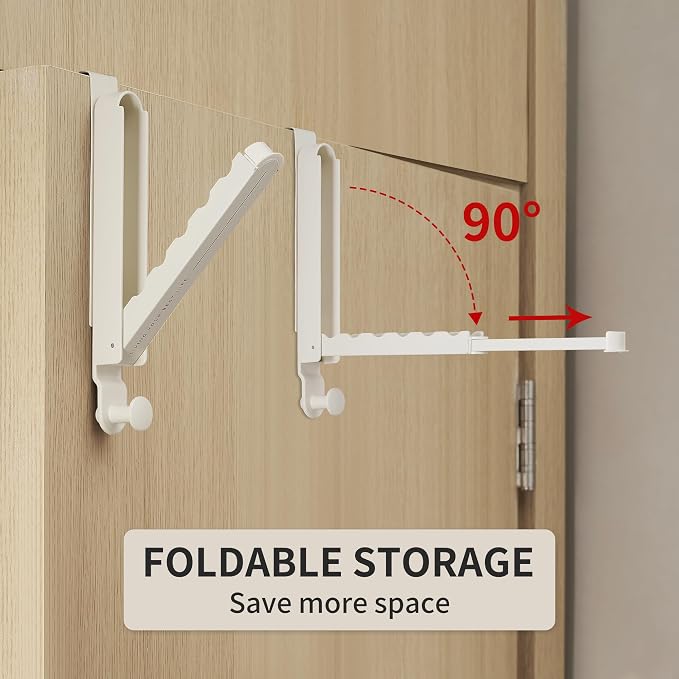RFOUO Over The Door Hooks Hanger,Fits Door up to 1 3/4",Milky White, 2 Pack | Aluminum,Retractable Rod, Space-Saving, Foldable Over The Door Drying Rack,No drilling, For Laundry Bathroom Bedroom Travel