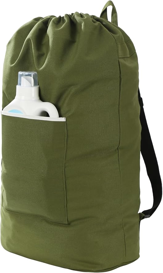 Canvas Laundry Bag, Laundry Backpack, Army Green, X-Large | Washable Laundry Collector,Thick Woven Adjustable Shoulder Straps,Large Front Pocket,Drawstring Closure,for College,Camping