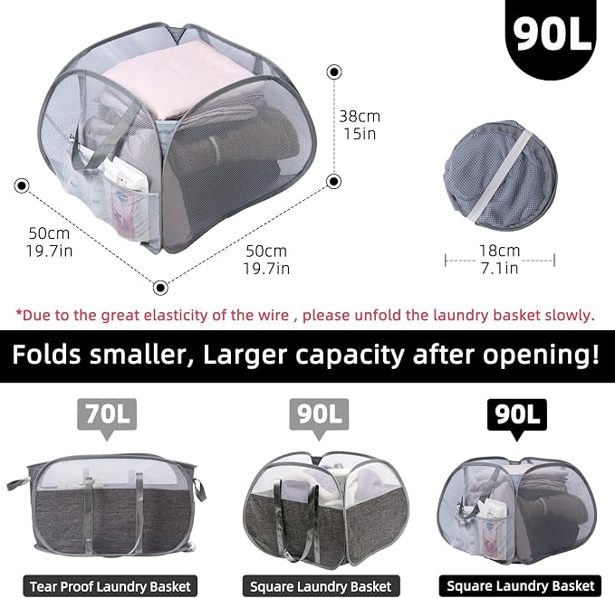 Collapsible Laundry Basket, 90L Mesh Pop-up Hamper with Handles | Foldable Storage Clothes Bag for Laundry, Bathroom, Dorm, Travel, Camping, Space-saving, Gray, 2PCS