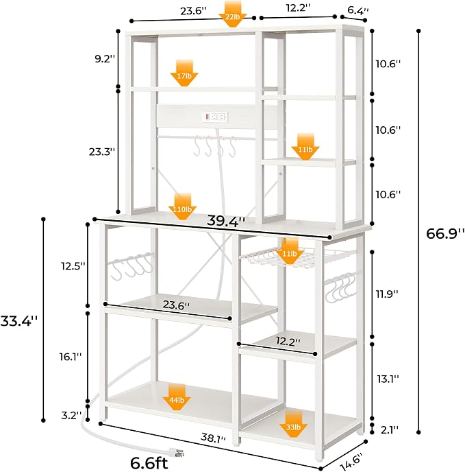 SUPERJARE Large Bakers Rack with Power Outlets, 6-Tier Microwave Stand, Coffee Bar with 12 S-Shaped Hooks, Kitchen Shelf with Wire Basket, 39.4 x 14.6X 66.9 Inches, White