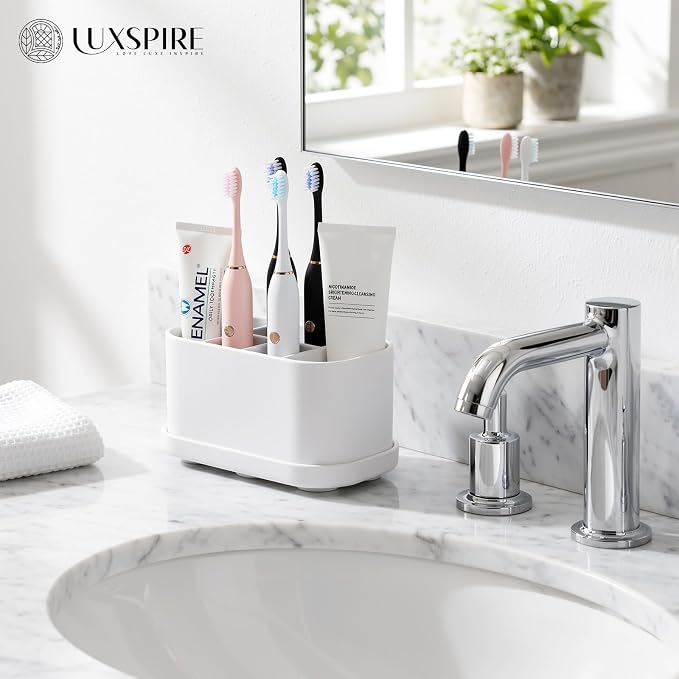 Luxspire Toothbrush Holders for Bathrooms, Silicone, 5 Slots, White | Toothbrush Organizer with Suction Cup Tray, Toothbrush Holder with Drainage for Bathroom Countertop