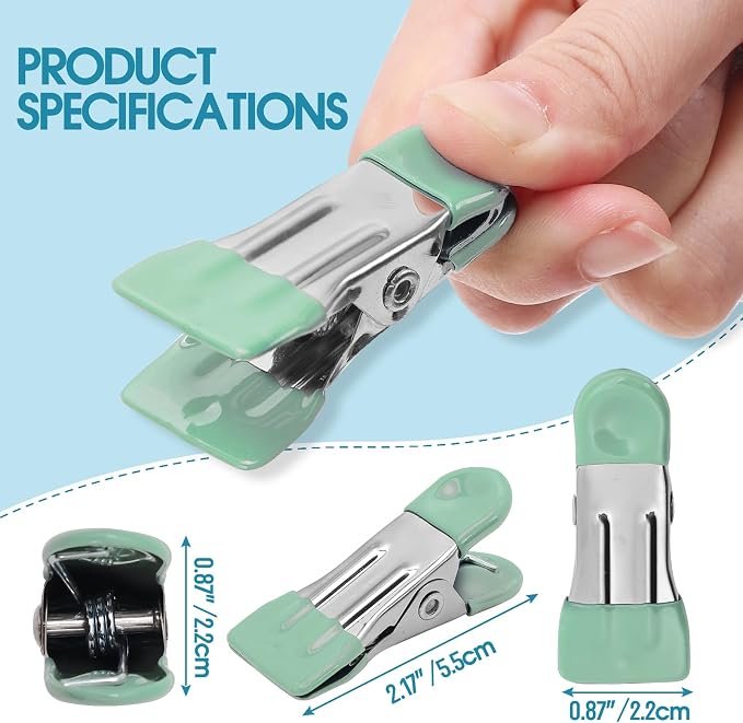 Clothes Pins Heavy Duty, 30 Pack, 2.17 Inch Metal Chip Clips, Light Green | Clothespins for Photo Drying Clothesline Laundry Sock, Bag Clips for Food Kitchen Stainless Steel with Rubber