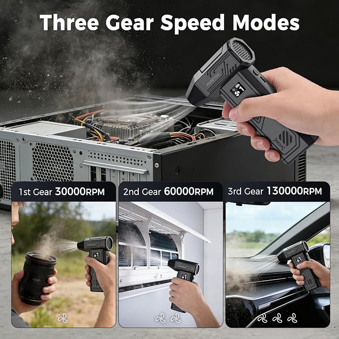 Foretoo Compressed Air Duster,130000RPM Super Power LED Display Electric Air Duster with Extended Runtime,Rechargeable Air Blower for Home,Camera,Car,Computer,Keyboard