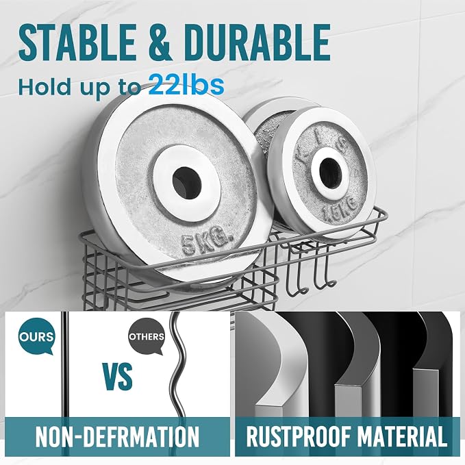 TAILI Shower Caddy Suction Cup with Hooks & Soap Holder | Heavy Duty Shower Organizer, No Drilling Shower Shelves for Inside Bathroom, Metal Storage Holder, Grey