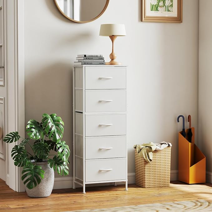 Sweetcrispy White Storage Drawer Bedroom Dresser, Tall Dresser for Closet | Chest of 5 Drawers for Home Storage with Fabric Bins, Narrow Nightstand, Durable Clothes Oragnizer