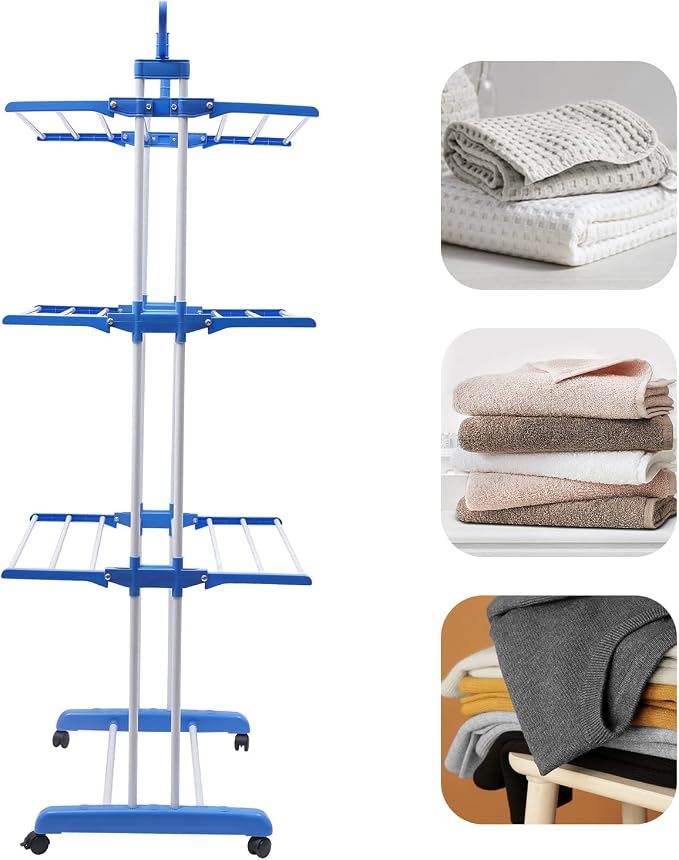 Foldable Clothes Drying Rack Stand 4-Tier,Garment Rolling Dryer Hanger with 4 Wheels,Easy to Assemble, Indoor Outdoor Use(Blue)