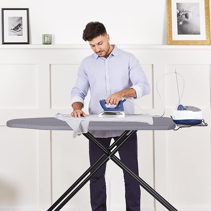 Jakeefud Deluxe Ironing Board with Heat Resistant Cover and Thicken Felt Pad, Heavy Sturdy Legs,Full Size Hanger Iron Board,Foldable (L-Grey)