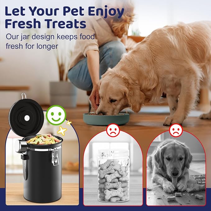 ENONCI Dog Treat Container Airtight,8.2"x5.9" Stainless Steel Cat Treat Jar for Kitchen Counter with Scoop, Pet Storage for Fresh Dog Cookie