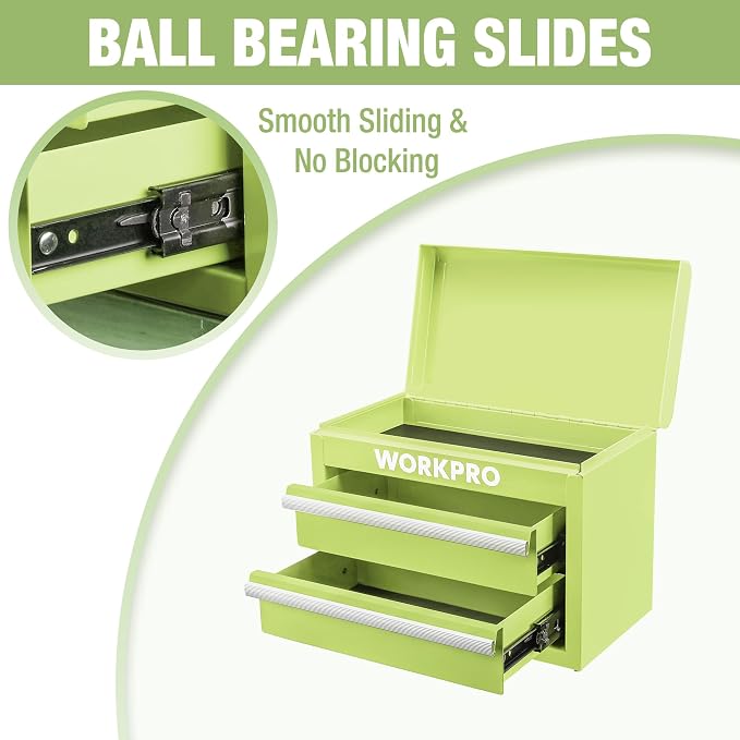 WORKPRO Metal Mini Tool Box with 2 Drawers and Top Storage | Cold Rolled Steel Toolbox, Ball Bearing Slides, PVC Drawer Liners, PP Feet Pads, Durable Storage