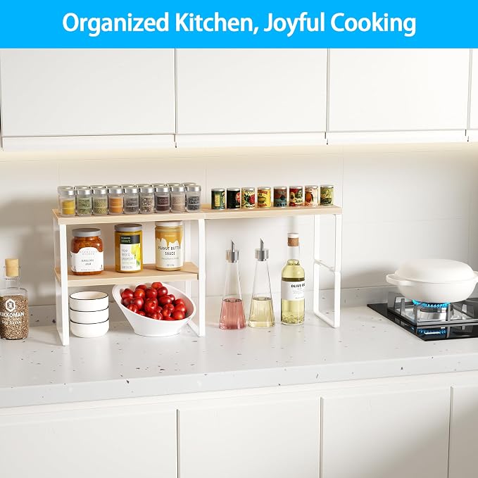 Golener Kitchen Counter Organizer, Countertop Shelf, Adjustable, Stackable | Kitchen Countertop Organizer, Spice Rack, 2-Tier Countertop Shelves, Corner Desk Shelf, Corner Counter Shelf, Natural Beige