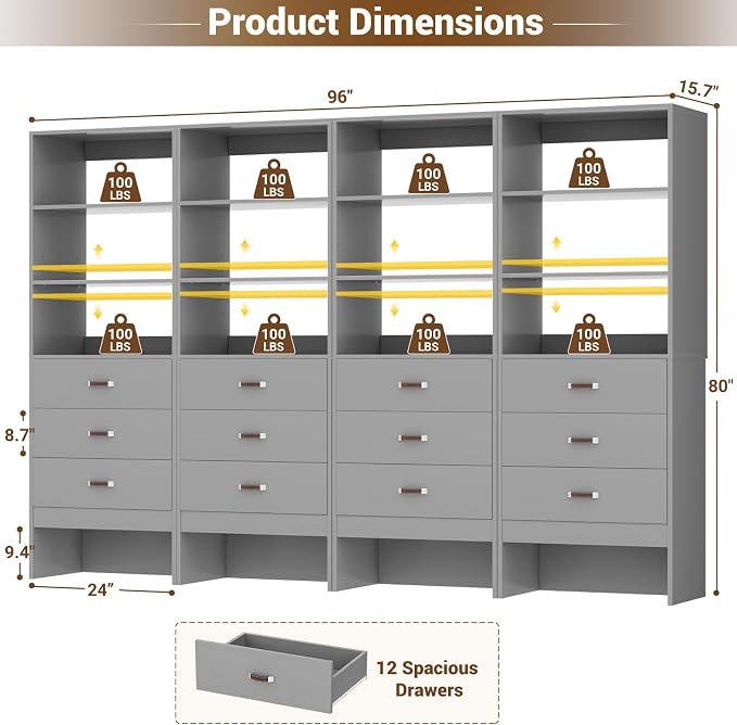 8FT Closet System with Leather Handles, 96" Walk-in Closet Storage Unit with Cabinet, Wood Wardrobe Closet Organizer and Storage with 12 Drawers, Set of 4, Grey