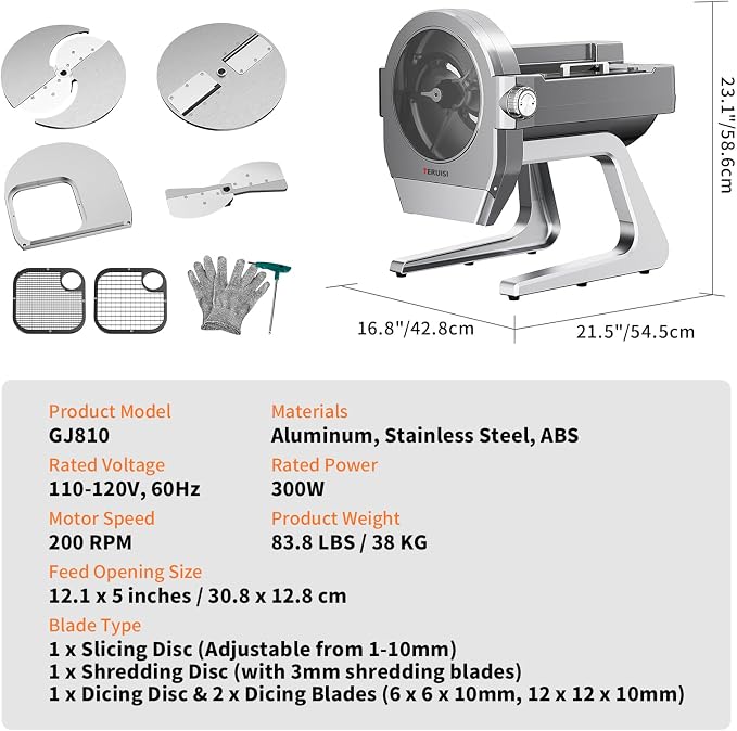 Commercial Vegetable Chopper, 300W Auto Feed Stainless Steel Vegetable and Meat Slicer, 4-In-1 Food Cutter Machine with 1-10mm Slicing, 3mm Shredding & 2 Dicing Sizes, 440LBS/H Output, 110V