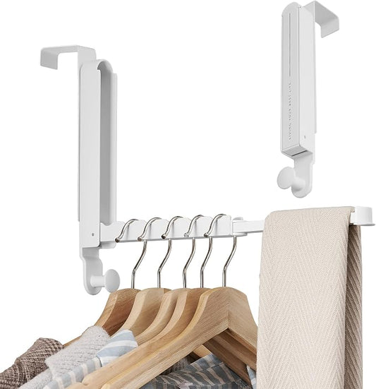 RFOUO Over The Door Hooks Hanger,Fit Door up to 1 3/8", White, 2 Pack | Aluminum,Retractable Rod, Space-Saving, Foldable Over The Door Drying Rack,No drilling, For Laundry Bathroom Bedroom Travel