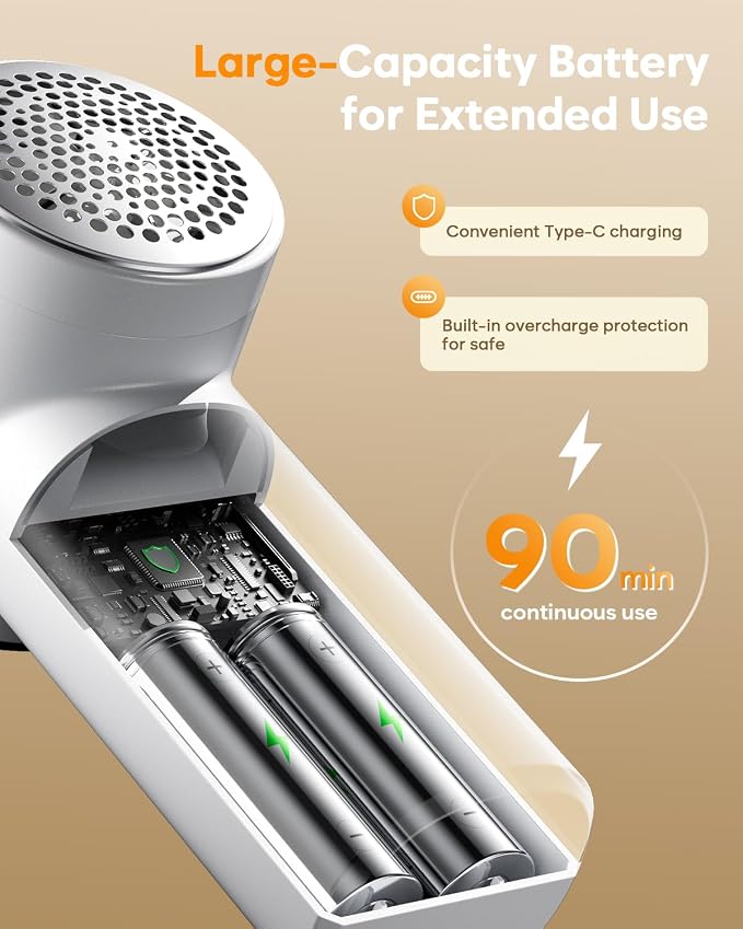 Fabric Shaver, Lint Remover Rechargeable,6-Blade Lint Remover | LCD Display & 3 Speeds, Portable for Clothes, Sweaters, Couches, Blankets, Includes 3 Replacement Blades, Pearl white